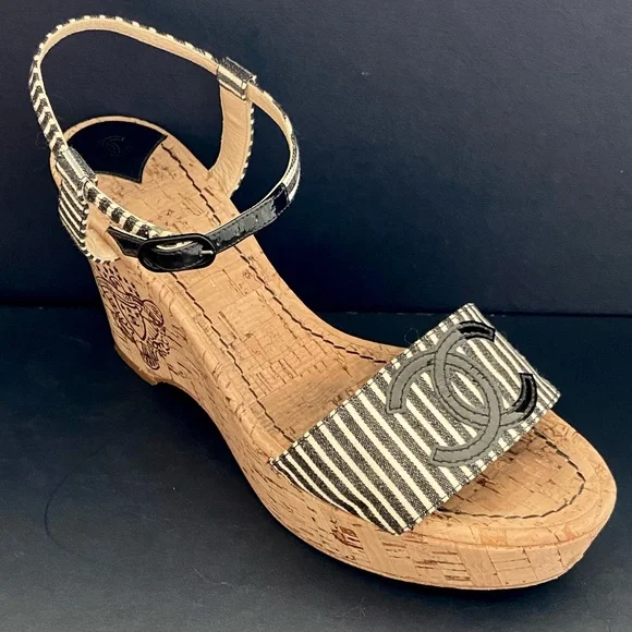 CHANEL Vintage Authentic Striped Fabric Platform Wedge Sandals w/ Cork Sole - Picture 7 of 15